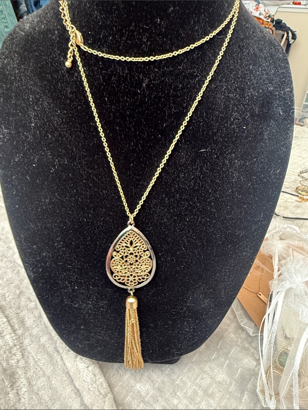 Gold Filigree Teardrop Tassel Necklace - Women Jewelry